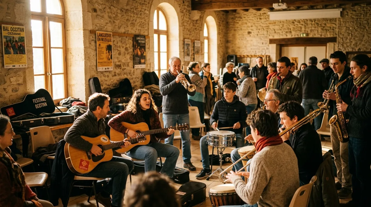 Session d'apprentissage et de répétition musicale collective en milieu rural